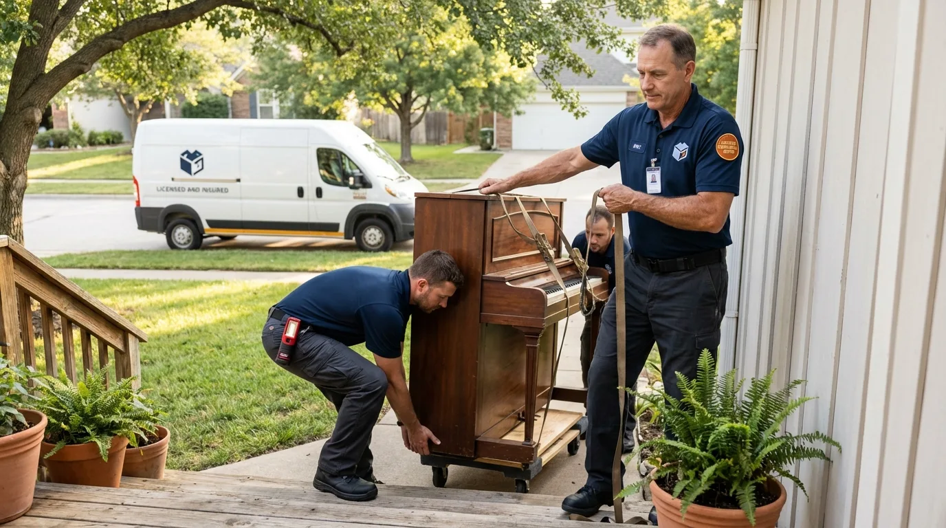 Licensed piano movers securing grand piano in Norwalk, CA